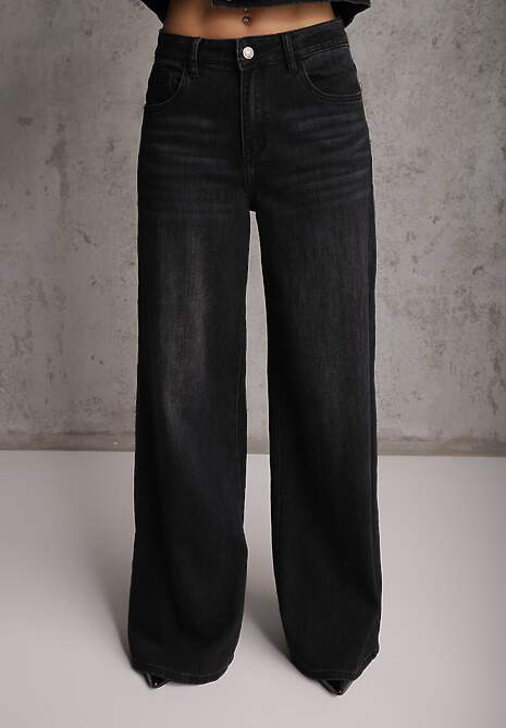 Czarne Szerokie Jeansy Palazzo z Bawełną High Waist Zinnasira 4