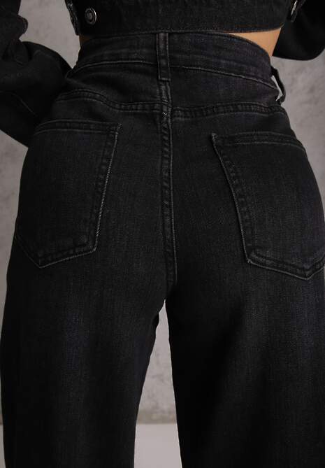 Czarne Szerokie Jeansy Palazzo z Bawełną High Waist Zinnasira 5