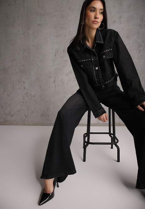 Czarne Szerokie Jeansy Palazzo z Bawełną High Waist Zinnasira