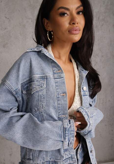 Niebieska Jeansowa Kurtka z Bawełną w Stylu Basic Elliemia 4