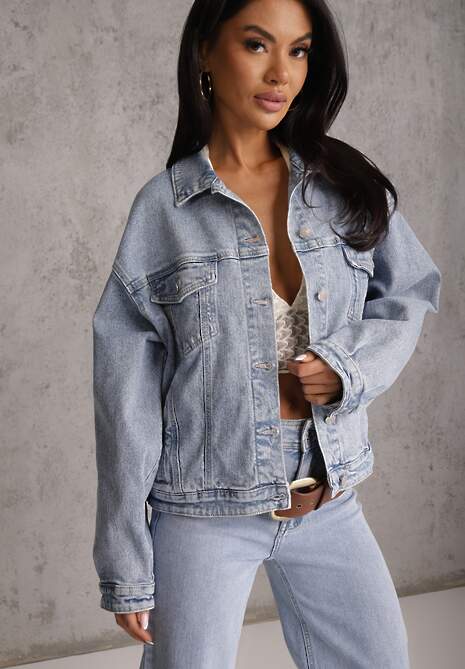 Niebieska Jeansowa Kurtka z Bawełną w Stylu Basic Elliemia 5