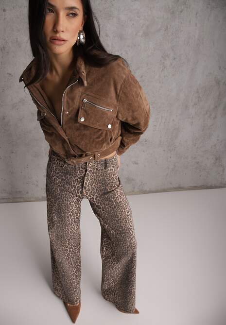 Panterkowe Jeansy Wide Leg High Waist z Bawełny Saliritia