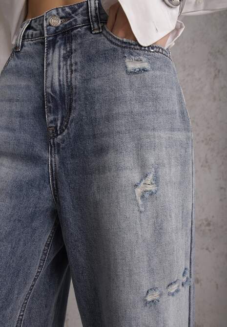 Niebieskie Szerokie Jeansy Palazzo z Bawełny z Dziurami i Przetarciami Erilenna 4