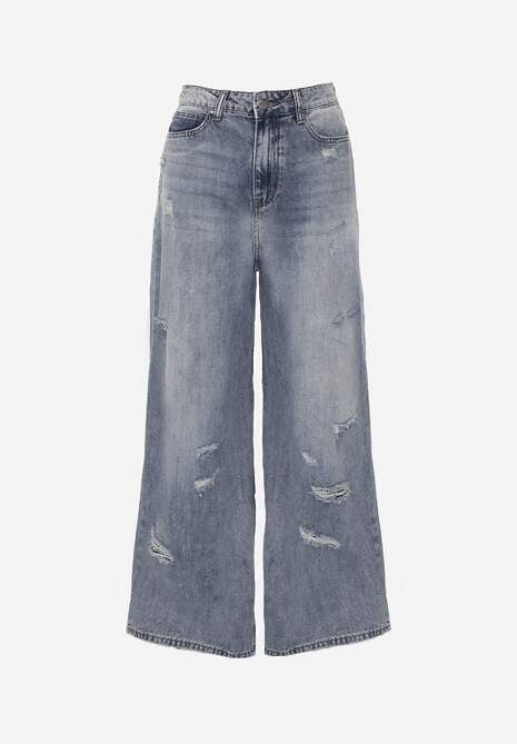 Niebieskie Szerokie Jeansy Palazzo z Bawełny z Dziurami i Przetarciami Erilenna 6