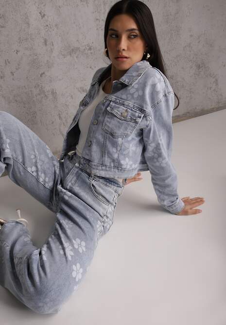 Niebieska Jeansowa Kurtka Cropped z Bawełną i Wiskozą w Kwiatowy Print Malwira