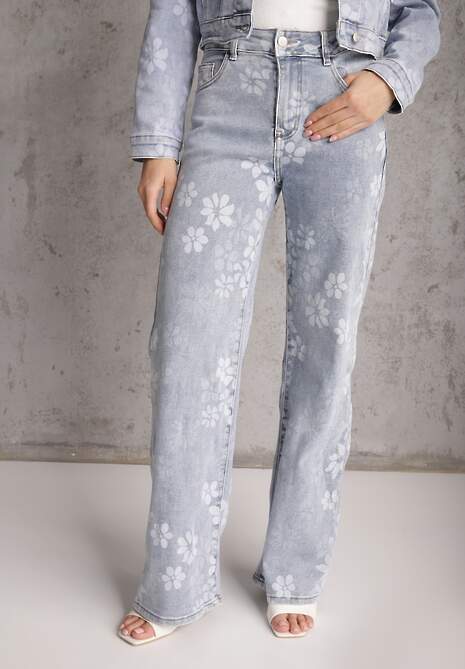 Niebieskie Szerokie Jeansy z Bawełną w Kwiaty Zinnetta