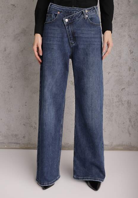 Niebieskie Asymetryczne Jeansy Wide Leg High Waist z Bawełny Leoira 4