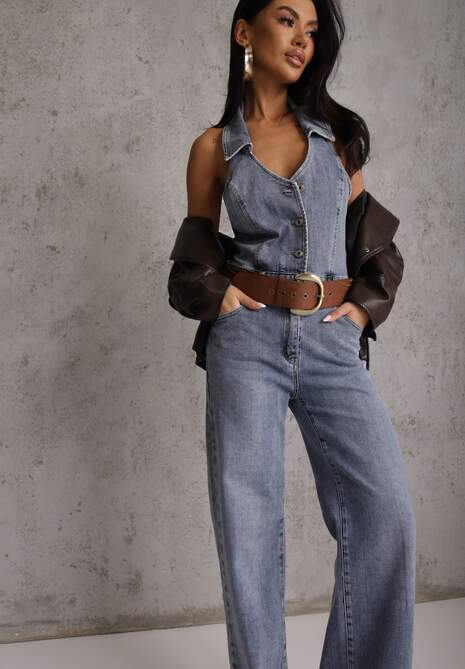 Niebieski Bawełniany Kombinezon Jeansowy z Dekoltem Halter i Kołnierzykiem Edaviann 4