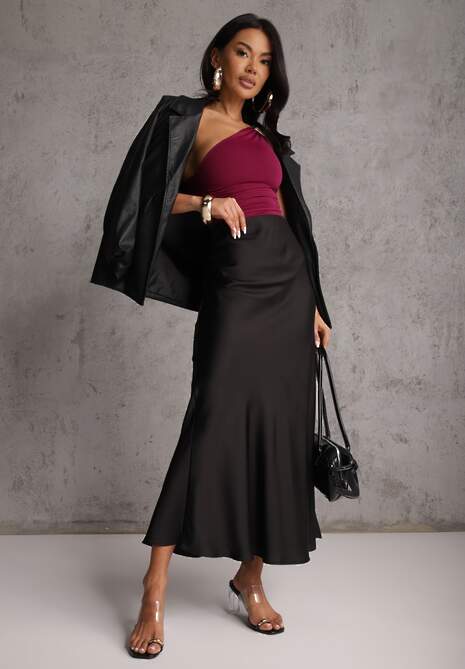 Czarna Koktajlowa Spódnica z Satyny o Rozkloszowanym Kroju Zinnivira 4