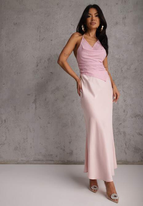 Różowa Koktajlowa Spódnica z Satyny o Rozkloszowanym Kroju Zinnivira