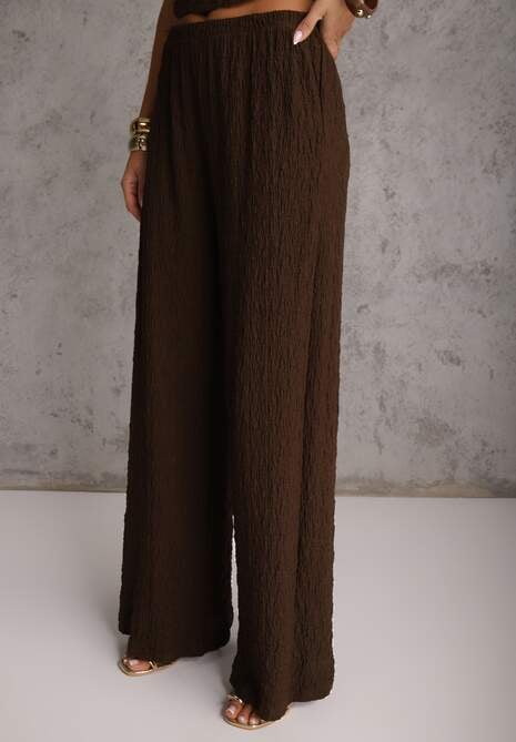 Brązowy Komplet Spodnie Wide Leg i Top ze Stójką i Drapowaniem w Talii Meridone 4