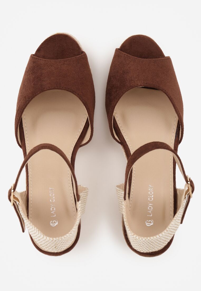 Brązowe Sandały na Koturnie Ozdobionym Plecionką z Juty Admerla 6
