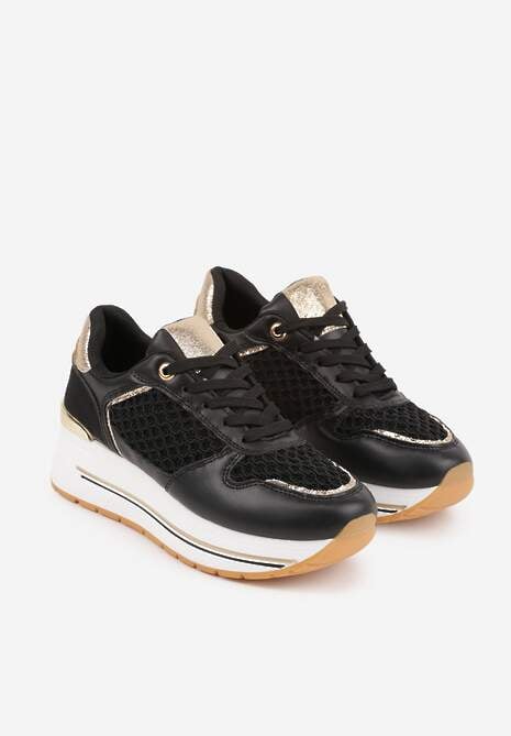 Czarne Sneakersy na Platformie Ozdobione Metalicznymi Wstawkami i Siateczką Zitina 5