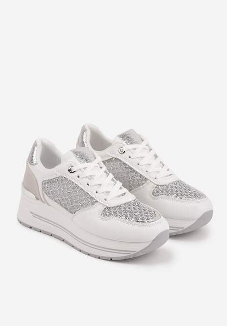 Białe Sneakersy na Platformie Ozdobione Metalicznymi Wstawkami i Siateczką Zitina 5