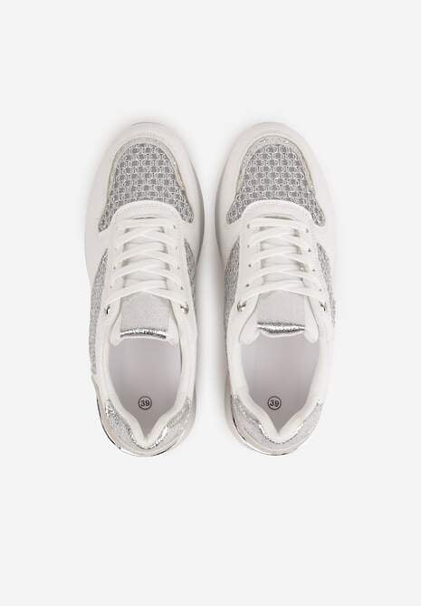 Białe Sneakersy na Platformie Ozdobione Metalicznymi Wstawkami i Siateczką Zitina 6