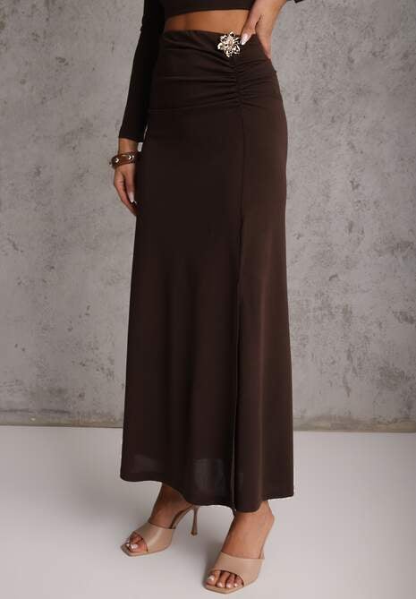 Brązowy Komplet Spódnica i Longsleeve Zdobione Marszczeniami i Aplikacjami  Bervessa 4