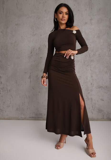 Brązowy Komplet Spódnica i Longsleeve Zdobione Marszczeniami i Aplikacjami  Bervessa