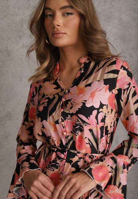 Czarna Sukienka z Wiskozy w Kwiatowy Print Ozdobiona Paskiem Asintena 5