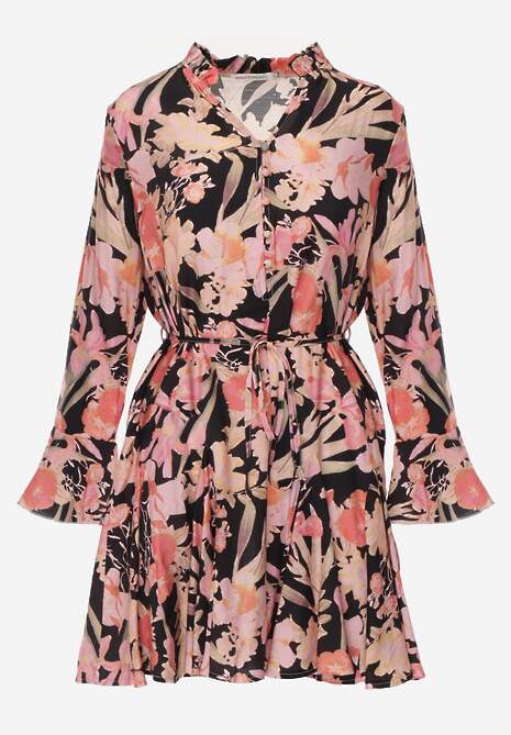 Czarna Sukienka z Wiskozy w Kwiatowy Print Ozdobiona Paskiem Asintena 6