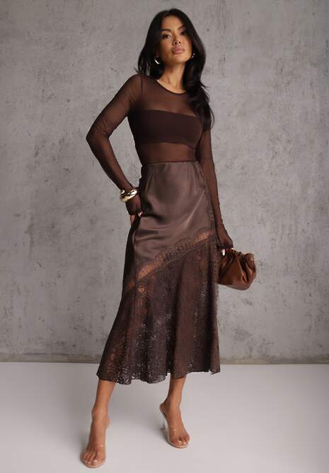 Brązowa Satynowa Spódnica Ozdobiona Rozcięciem na Nogę i Koronką Saviraet 4