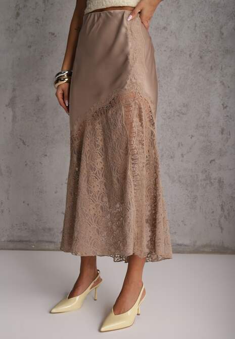 Beżowa Satynowa Spódnica Ozdobiona Rozcięciem na Nogę i Koronką Saviraet 4