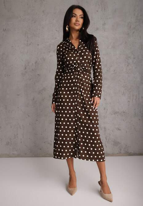 Brązowa Koszulowa Sukienka z Wiskozy z Dodatkiem Lnu z Drapowaną Talią Edrilith 4