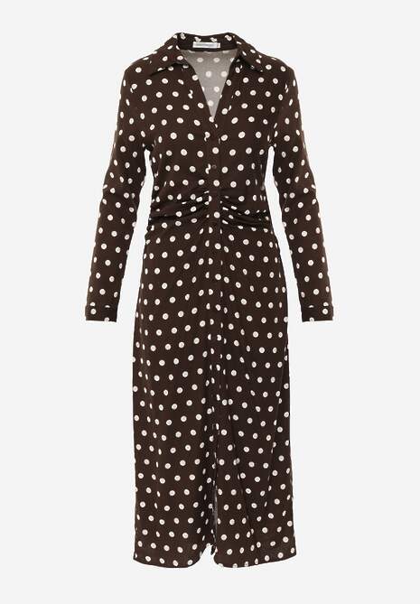 Brązowa Koszulowa Sukienka z Wiskozy z Dodatkiem Lnu z Drapowaną Talią Edrilith 6