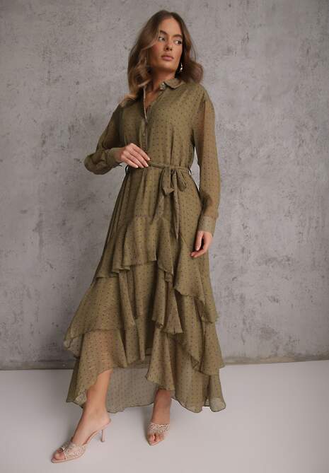 Zielona Sukienka o Koszulowym Kroju z Przedłużonym Tyłem i Falbanami Savarinna 4