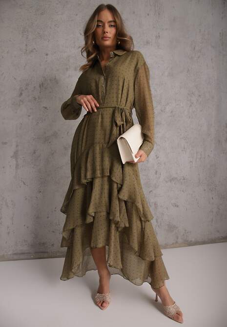 Zielona Sukienka o Koszulowym Kroju z Przedłużonym Tyłem i Falbanami Savarinna