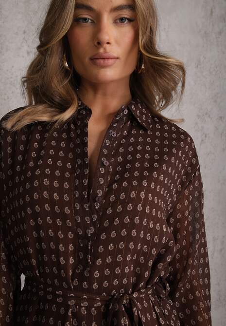 Brązowa Sukienka o Koszulowym Kroju z Przedłużonym Tyłem i Falbanami Savarinna 5