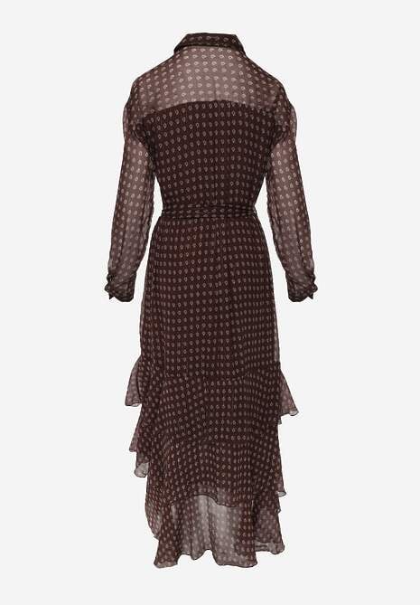 Brązowa Sukienka o Koszulowym Kroju z Przedłużonym Tyłem i Falbanami Savarinna 7