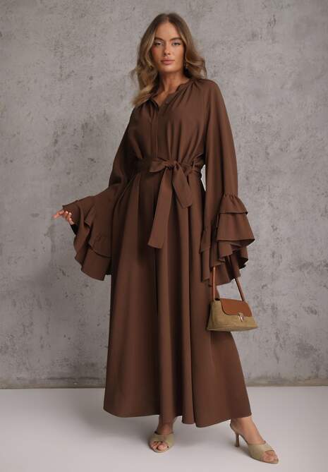 Brązowa Koszulowa Sukienka z Wiskozy Ozdobiona Paskiem i Falbanami Tinethra 4