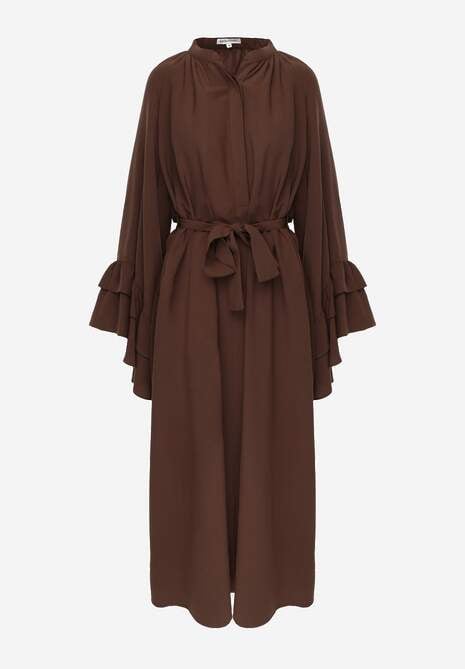 Brązowa Koszulowa Sukienka z Wiskozy Ozdobiona Paskiem i Falbanami Tinethra 6