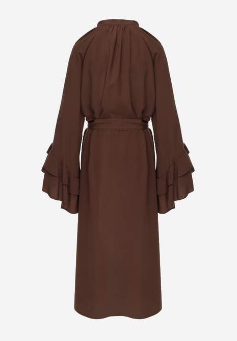 Brązowa Koszulowa Sukienka z Wiskozy Ozdobiona Paskiem i Falbanami Tinethra 7