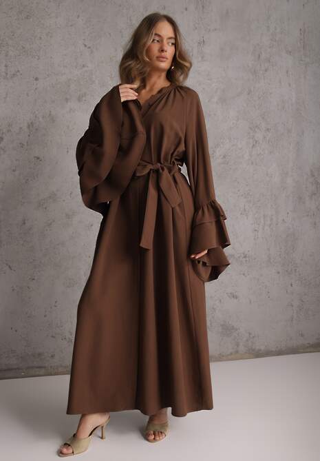 Brązowa Koszulowa Sukienka z Wiskozy Ozdobiona Paskiem i Falbanami Tinethra