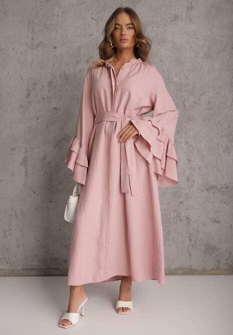 Różowa Koszulowa Sukienka z Wiskozy Ozdobiona Paskiem i Falbanami Tinethra 4