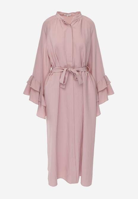 Różowa Koszulowa Sukienka z Wiskozy Ozdobiona Paskiem i Falbanami Tinethra 6