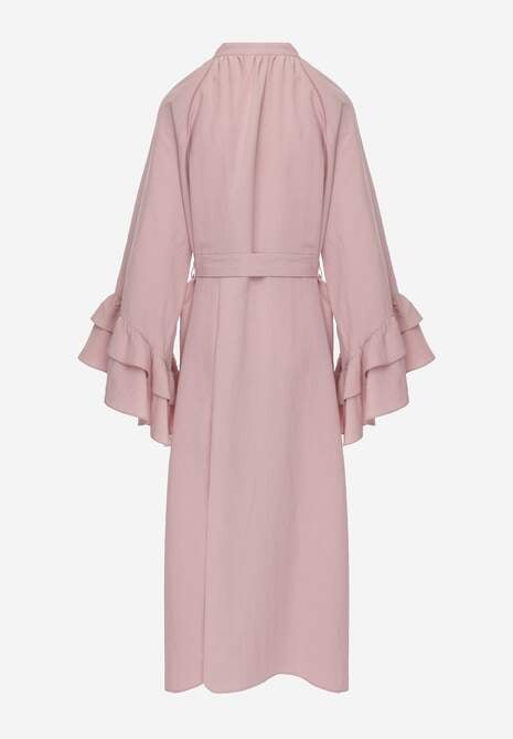 Różowa Koszulowa Sukienka z Wiskozy Ozdobiona Paskiem i Falbanami Tinethra 7