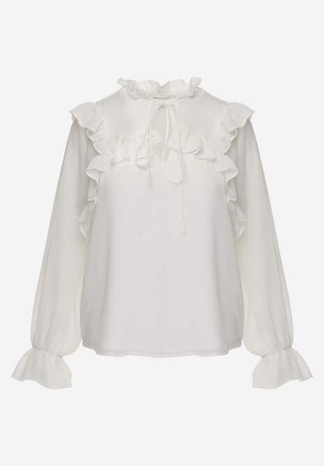 Biała Bluzka w Stylu Coquette z Falbankami i Wiązaniem przy Szyi Seathrina 6