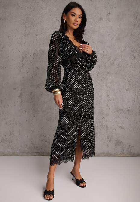 Czarna Sukienka w Kropki Ozdobiona Koronką i Przezroczystymi Rękawami Neanirae 4