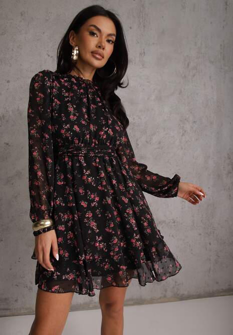 Czarna Sukienka Rozkloszowana w Kropki i Kwiatowy Print z Falbanami Ediannela 4