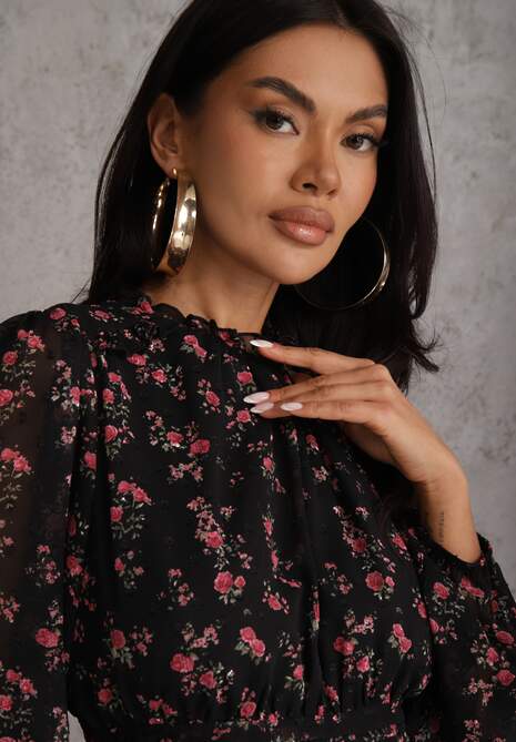 Czarna Sukienka Rozkloszowana w Kropki i Kwiatowy Print z Falbanami Ediannela 5