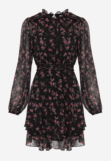 Czarna Sukienka Rozkloszowana w Kropki i Kwiatowy Print z Falbanami Ediannela 6