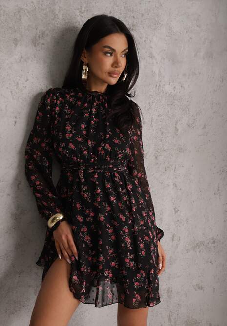Czarna Sukienka Rozkloszowana w Kropki i Kwiatowy Print z Falbanami Ediannela