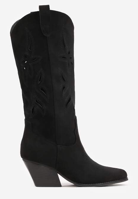 Czarne Ażurowe Kozaki Kowbojki na Obcasie typu Stożek Tidrina 4