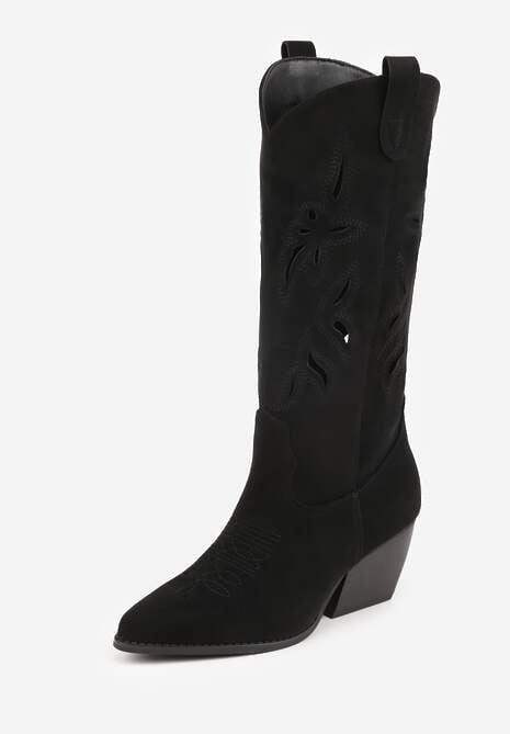 Czarne Ażurowe Kozaki Kowbojki na Obcasie typu Stożek Tidrina 5