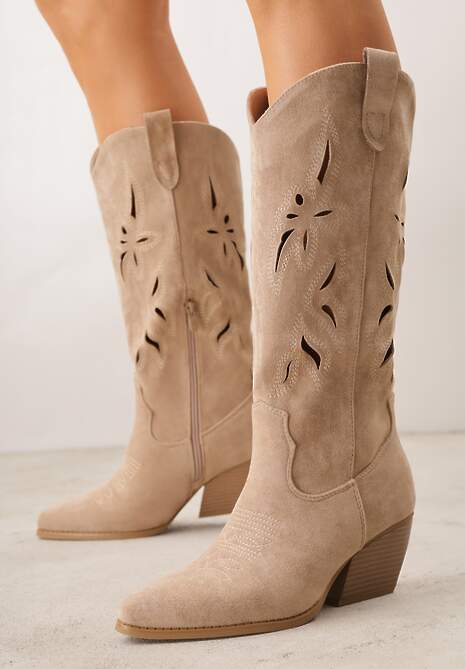 Ciemnobeżowe Ażurowe Kozaki Kowbojki na Obcasie typu Stożek Tidrina