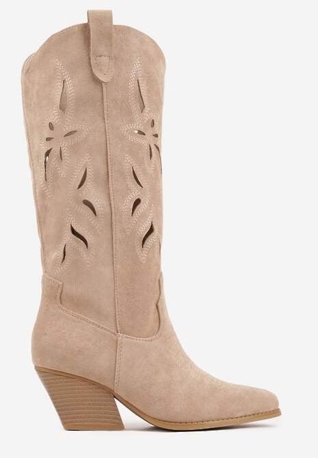 Ciemnobeżowe Ażurowe Kozaki Kowbojki na Obcasie typu Stożek Tidrina 4