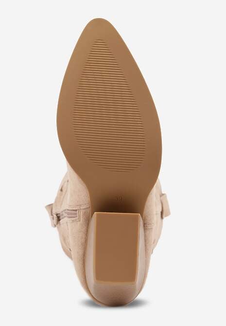 Ciemnobeżowe Ażurowe Kozaki Kowbojki na Obcasie typu Stożek Tidrina 7