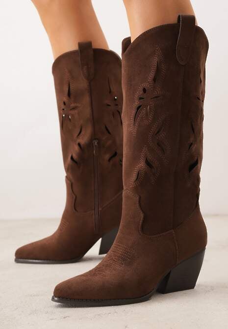 Brązowe Ażurowe Kozaki Kowbojki na Obcasie typu Stożek Tidrina